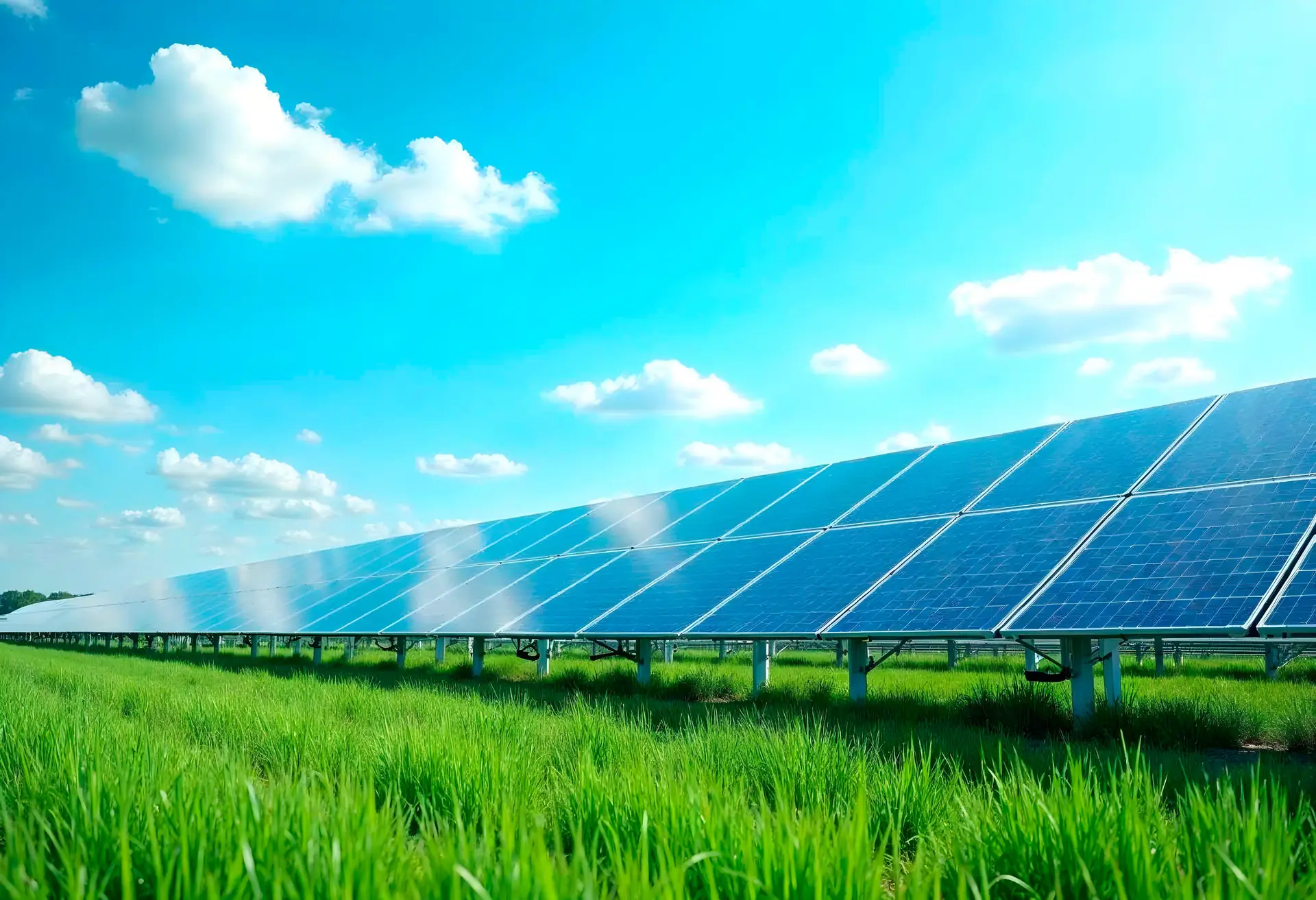 Ground-mounted solar panels in a green field
