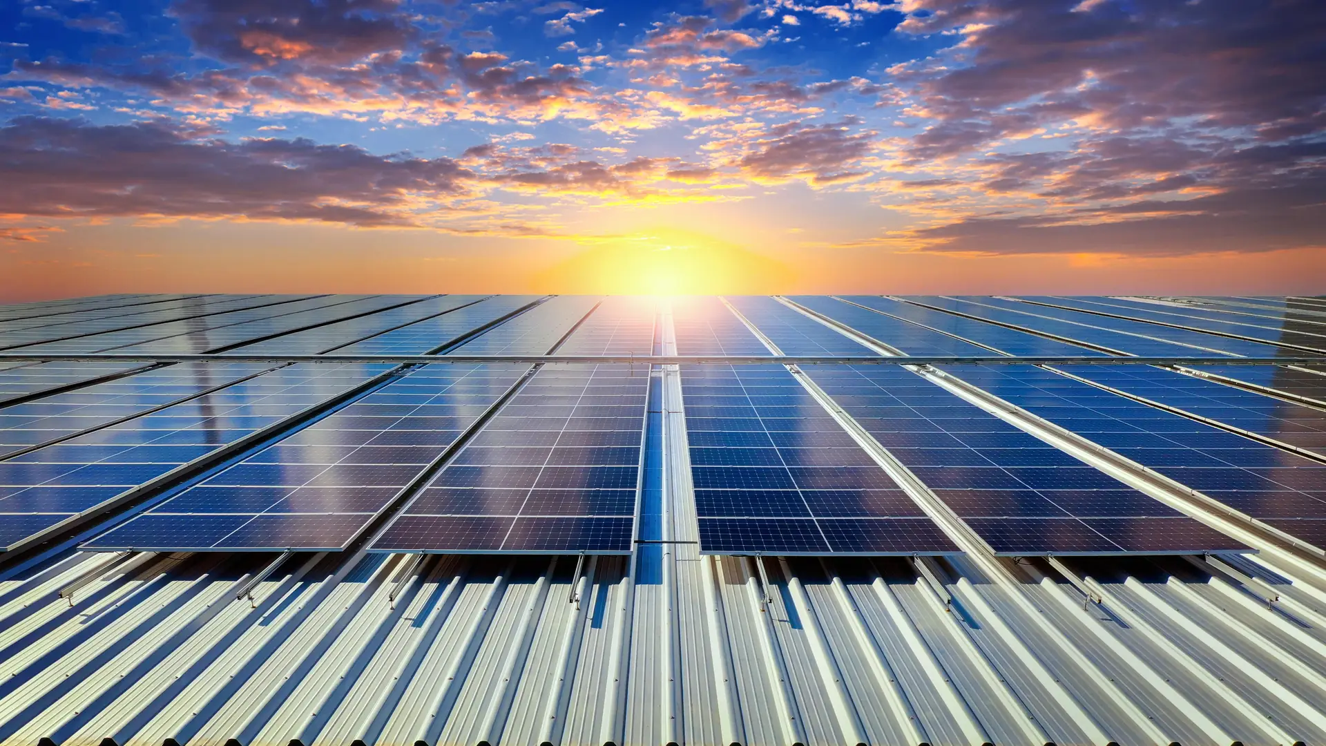 Large solar array at sunset