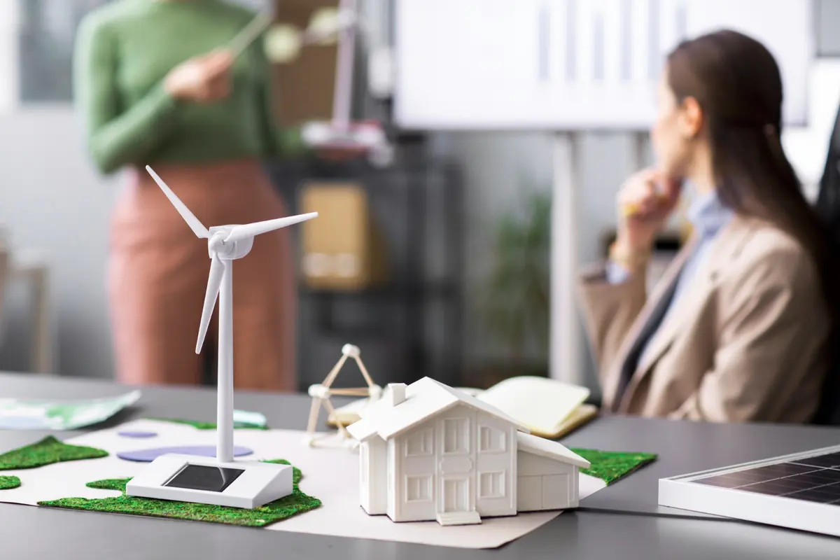 Planning a home solar system with a model house and wind and solar props